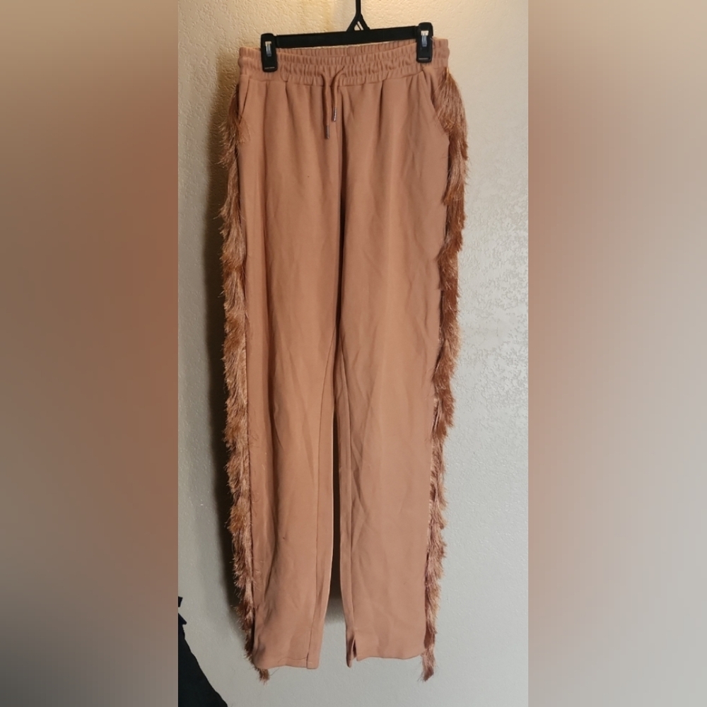 Mina Monroe Fringe Sweatpants With Pockets and Drawstring Waist Sz L